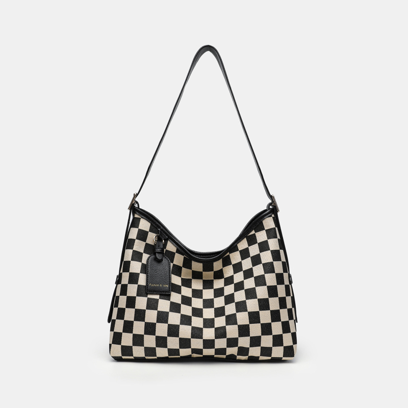 Checkerboard tote torba, velika kapaciteta, magnetsko zatvaranje, PU s platnom, poliester podstava, vodoravni kvadratni oblik, jedna naramenica, unutarnji džep s zipom i džep za telefon.