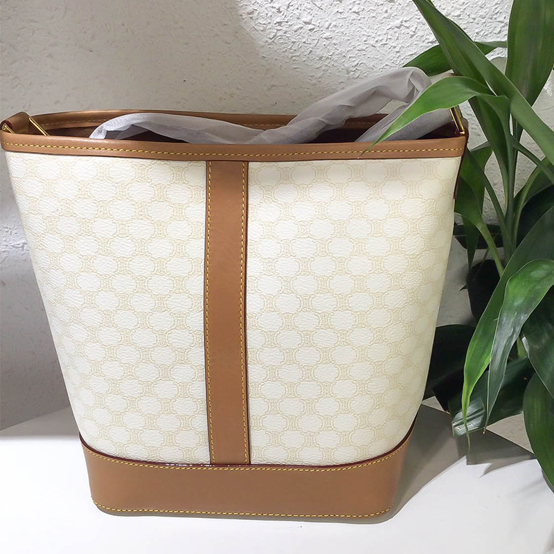 Kožna ženska bucket torba s printom, retro stil, zatvarač i unutarnji džepovi