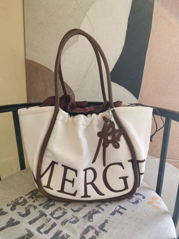 Geantă Tote din pânză, formă Dumpling, închidere cu șnur, buzunar interior cu fermoar, căptușeală din pânză