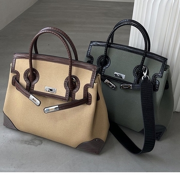 Jinlida Ženska kožna tote torba, oversized, retro stil, svakodnevna torba s platnenim detaljima