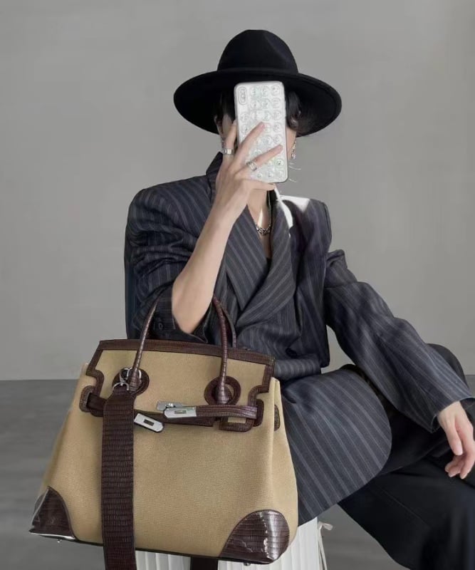 Jinlida Ženska kožna tote torba, oversized, retro stil, svakodnevna torba s platnenim detaljima