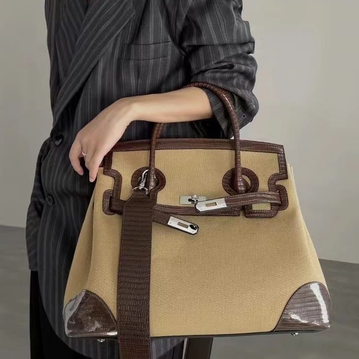 Jinlida Ženska kožna tote torba, oversized, retro stil, svakodnevna torba s platnenim detaljima