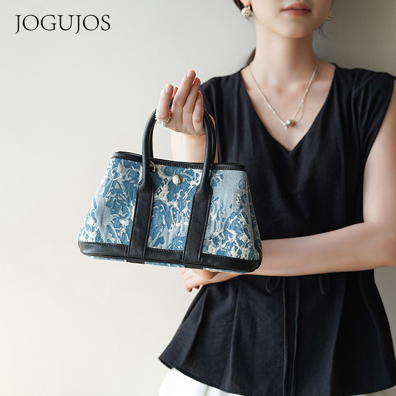Jogujos Denim i koža od biljaka Crossbody torbica za žene - horizontirani kvadratni oblik, magnetsko zatvaranje, ID džep i laminirani džep sa zatvaračem