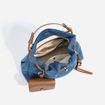 Ženska denim bucket torba, gradski jednostavan stil, ovalni oblik, otvaranje šnuralom i kopčom, unutarnja džep sa zipom i džep za ID