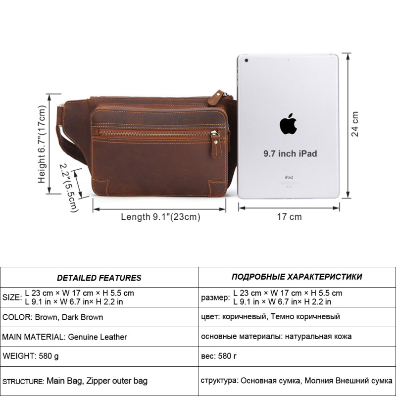 Muška kožna crossbody torba za pojas s kožom Crazy Horse vrhunskog kvaliteta, podesiva, model 8170