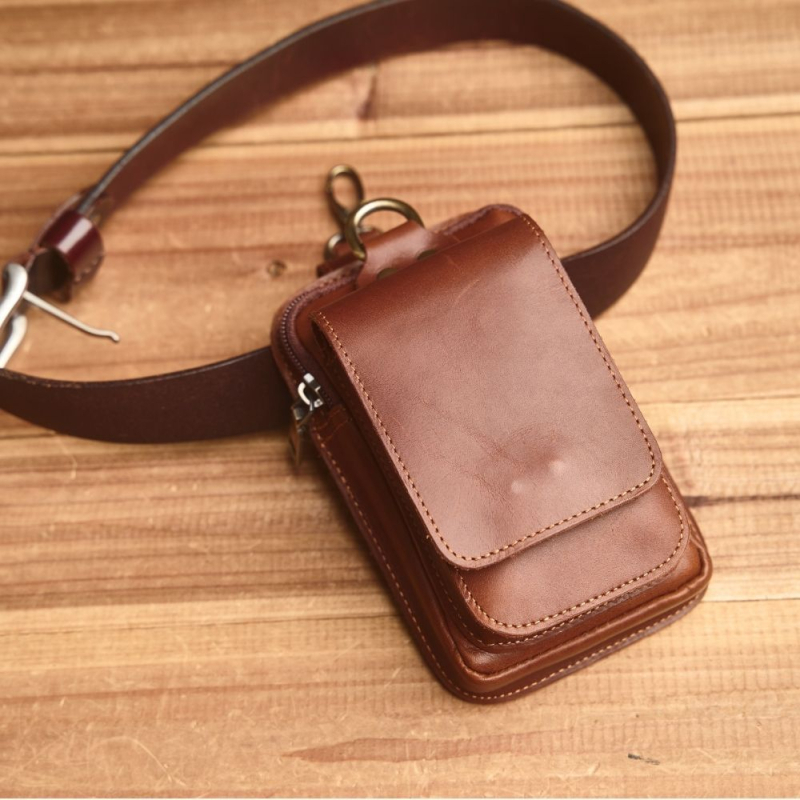 Ανδρική δερμάτινη τσάντα μέσης — δέρμα πρώτου στρώματος, ανθεκτικό στη φθορά, μονόχρωμη, επένδυση πολυεστέρα, street fashion