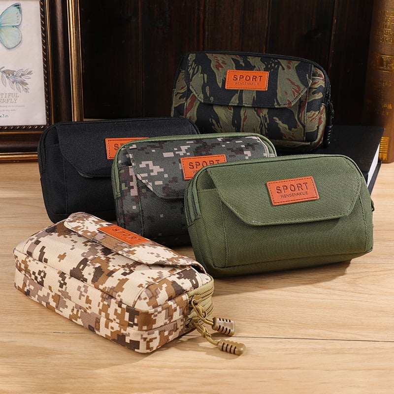 Geantă de talie pentru bărbați din material Oxford camuflaj, buzunar cu fermoar împotriva furtului, formă verticală pătrată, construcție în 3 straturi