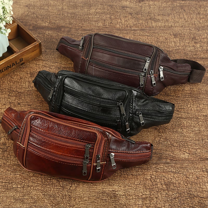 Geantă de talie din piele naturală, impermeabilă, pentru afaceri, bărbați — culoare solidă, căptuială poliester