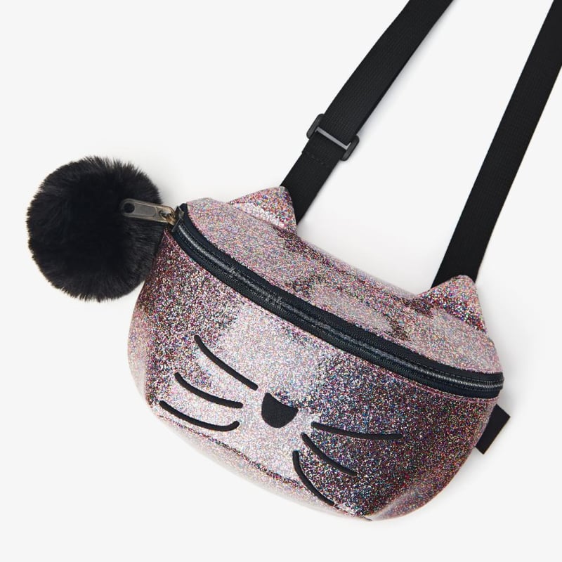 Gyerekeknek készült cicás gömb alakú táska, kettős használat: keresztpánt és deréktáska, PU anyag, cipzár, poliészter bélés, utcai trend, mindennapi használat