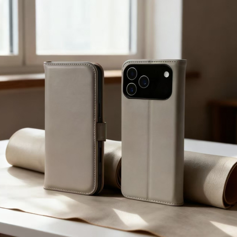 Valódi bőrből készült flip tok iPhone 17 Pro Max-hez, üzleti stílus, teljes lefedettség, anti-drop védelem, olajos élkialakítás