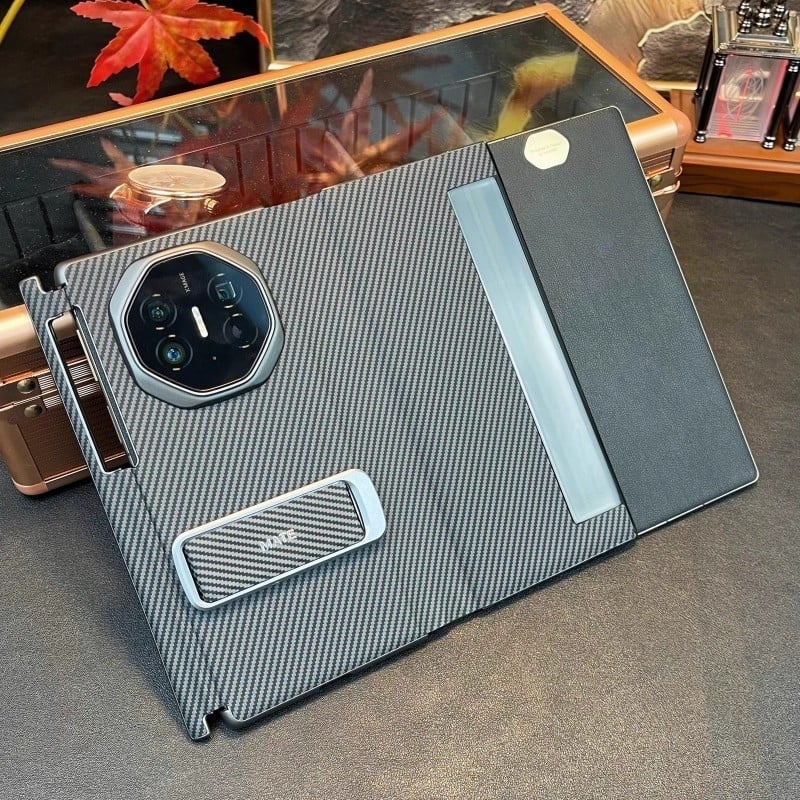 Zepure kožený obal pre Huawei s magnetickým flipom, 3-skladaný dizajn, vzor karbónových vlákien, držiak na zápästie a stojan