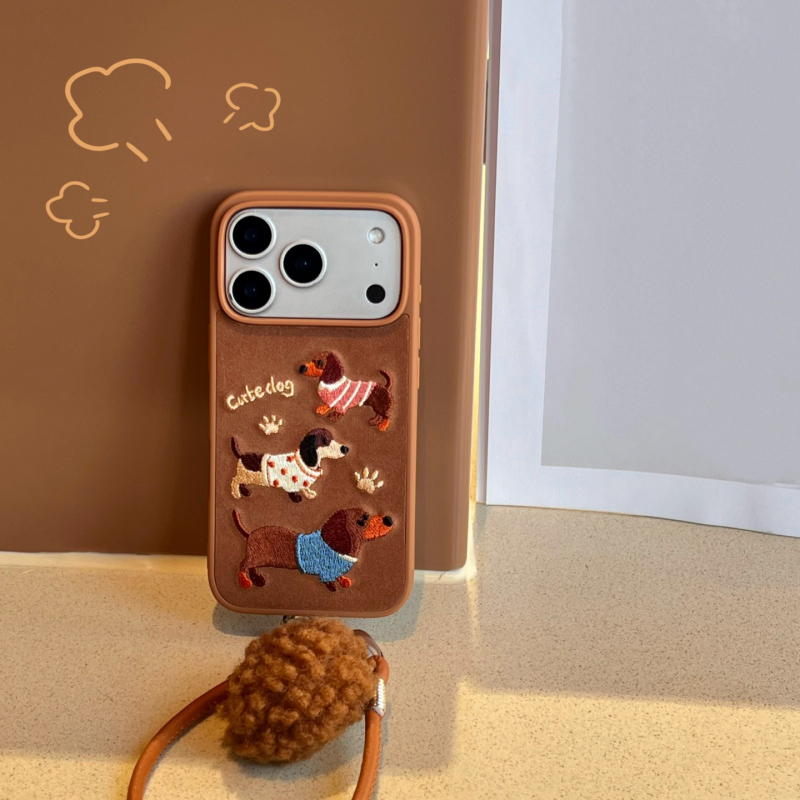 Bőr védő tok telefonhoz bolyhos hímzé dachshund mintával, anti-esés, rajzfilmszerű stílus, Apple eszközökhöz