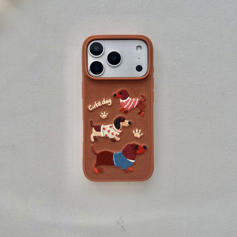 Bőr védő tok telefonhoz bolyhos hímzé dachshund mintával, anti-esés, rajzfilmszerű stílus, Apple eszközökhöz