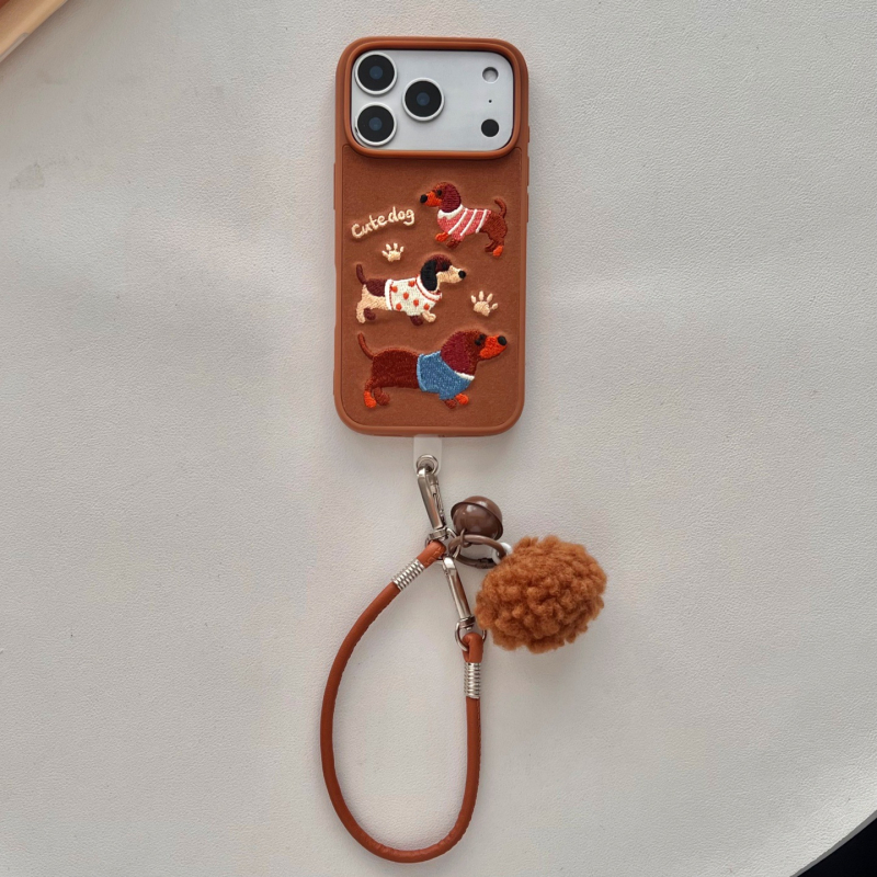 Bőr védő tok telefonhoz bolyhos hímzé dachshund mintával, anti-esés, rajzfilmszerű stílus, Apple eszközökhöz