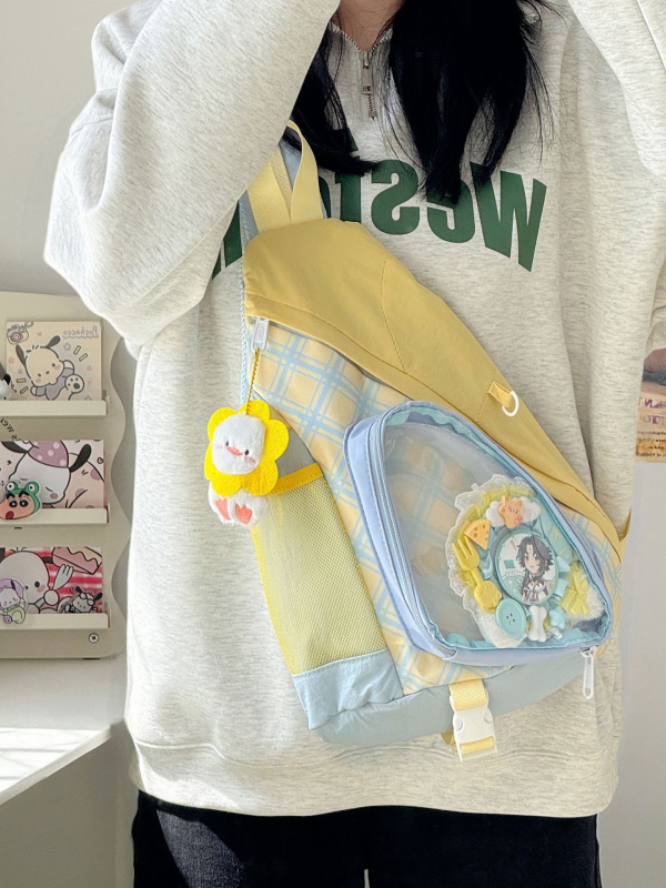 Japán stílusú mellkas táska levehető babatáskával, vintage color-block kockás mintázat, textil anyag, uniszex, terheléscsökkentő
