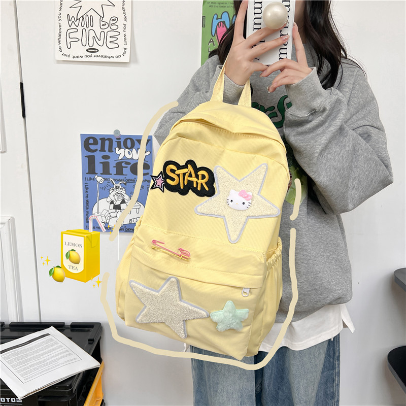 Ženski platneni ruksak sa zvjezdicama i slovima, kontrastne boje u japanskom kawaii stilu, veliki kapacitet, školska torba za srednju i gimnaziju