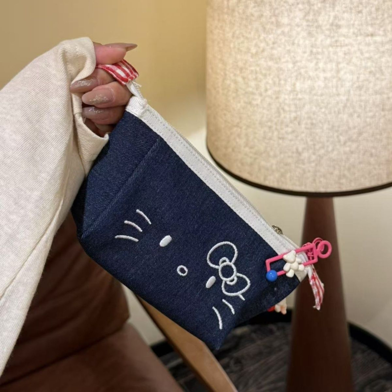 Denim tolltartó macska motívummal, nagy kapacitású, nőies koreai stílus