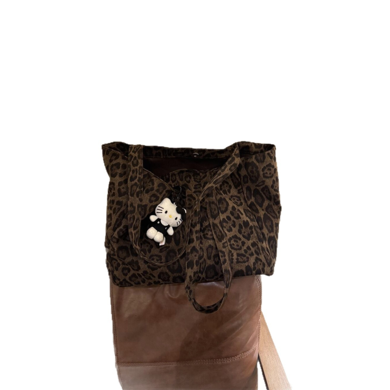 Shoulder Tote torba s leopard uzorkom, ulični stil, koža srnjaka, zaobljen oblik, poklopac otvaranje