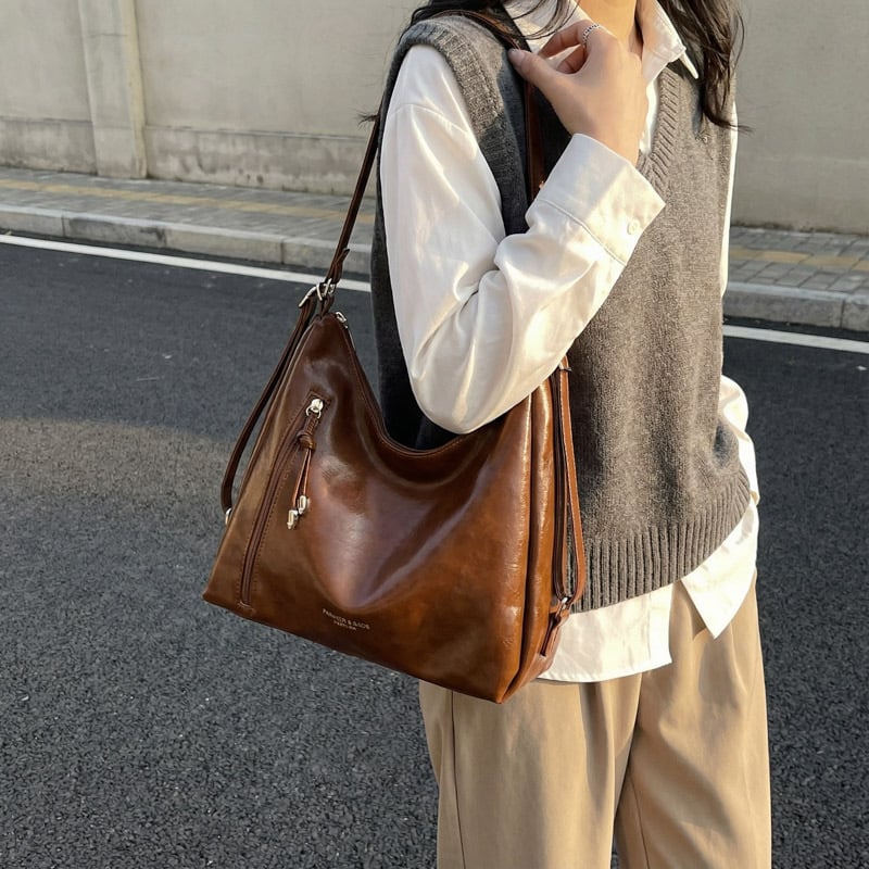 Τσάντα Tote με μεγάλη χωρητικότητα, ρετρό στυλ δρόμου, PU ύλικό, οριζόντιο τετράγωνο σχήμα, φερμουάρ (Στυλ δρόμου, PU, Πολυεστερική επένδυση, Οριζόντιο τετράγωνο σχήμα, Φερμουάρ)