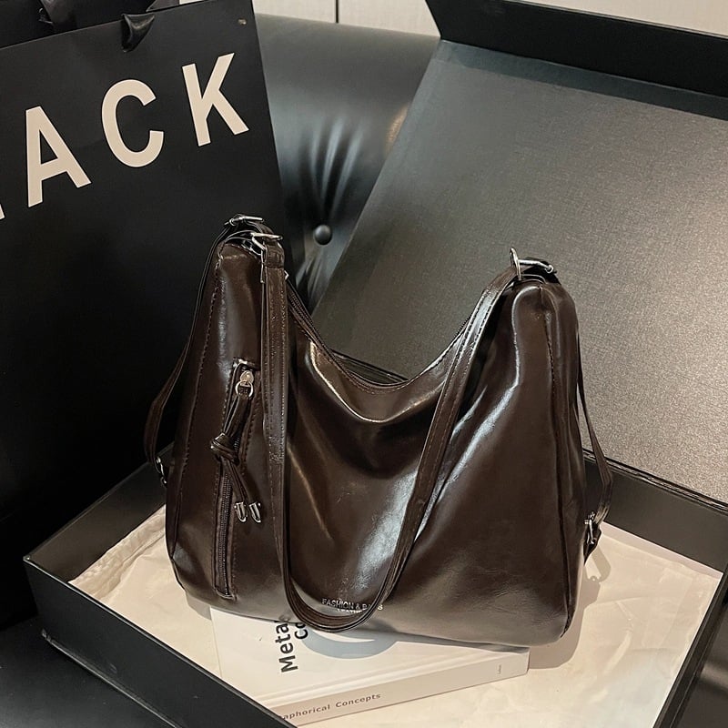 Τσάντα Tote με μεγάλη χωρητικότητα, ρετρό στυλ δρόμου, PU ύλικό, οριζόντιο τετράγωνο σχήμα, φερμουάρ (Στυλ δρόμου, PU, Πολυεστερική επένδυση, Οριζόντιο τετράγωνο σχήμα, Φερμουάρ)