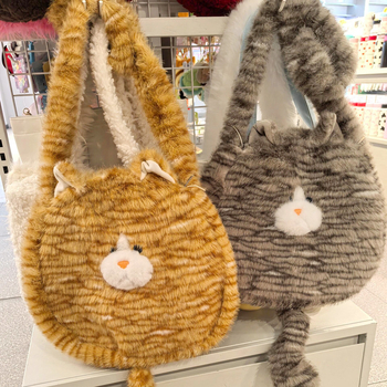 Плюшена котешка чанта през рамо с пухкав външен вид, голям капацитет, животински принт, подплата от полиестер, издание зима 2024