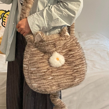 Плюшена котешка чанта през рамо с пухкав външен вид, голям капацитет, животински принт, подплата от полиестер, издание зима 2024