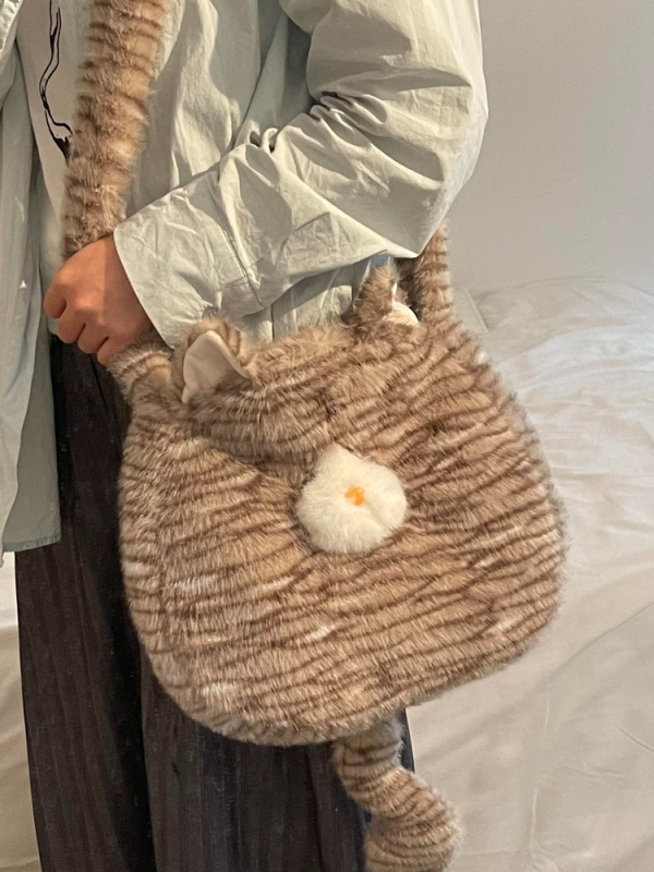 Плюшена котешка чанта през рамо с пухкав външен вид, голям капацитет, животински принт, подплата от полиестер, издание зима 2024