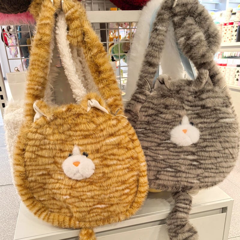 Плюшена котешка чанта през рамо с пухкав външен вид, голям капацитет, животински принт, подплата от полиестер, издание зима 2024
