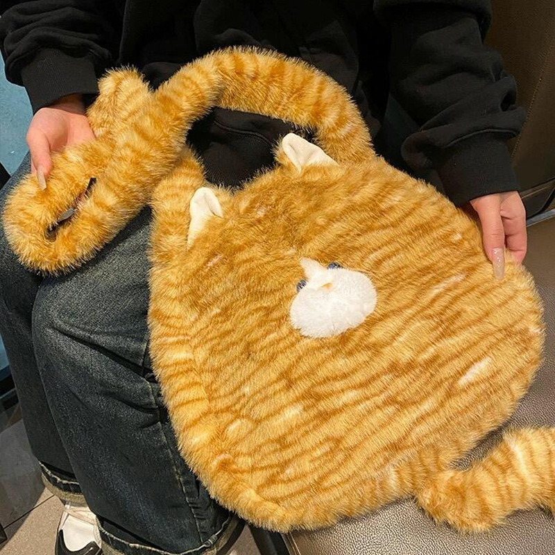 Плюшена котешка чанта през рамо с пухкав външен вид, голям капацитет, животински принт, подплата от полиестер, издание зима 2024