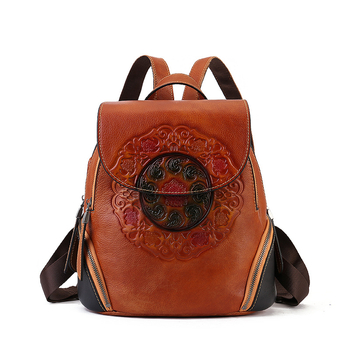 Ruksak od prave kože, unisex; nacionalni stil književnosti i umjetnosti; geometrijski uzorak; dizajn za smanjenje opterećenja.