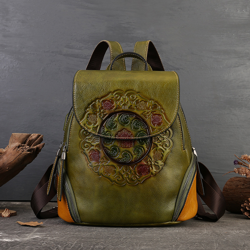 Ruksak od prave kože, unisex; nacionalni stil književnosti i umjetnosti; geometrijski uzorak; dizajn za smanjenje opterećenja.