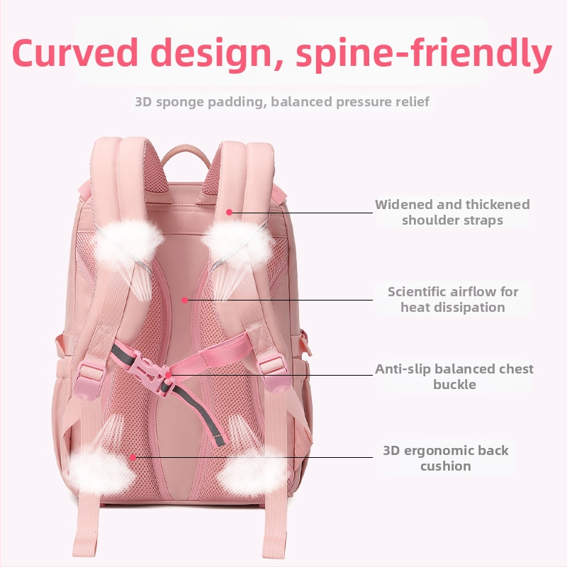 Meitenēm paredzēta skolas mugursoma no neilona, elpojoša, ūdensizturīga, antibakteriāla, ar izliektām plecu siksnām