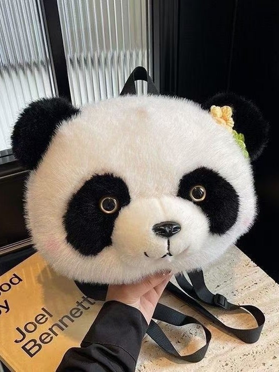 Ruksak s plišanim dizajnom panda, dječji crtani stil, unisex, kapacitet ispod 20 L, proširivi