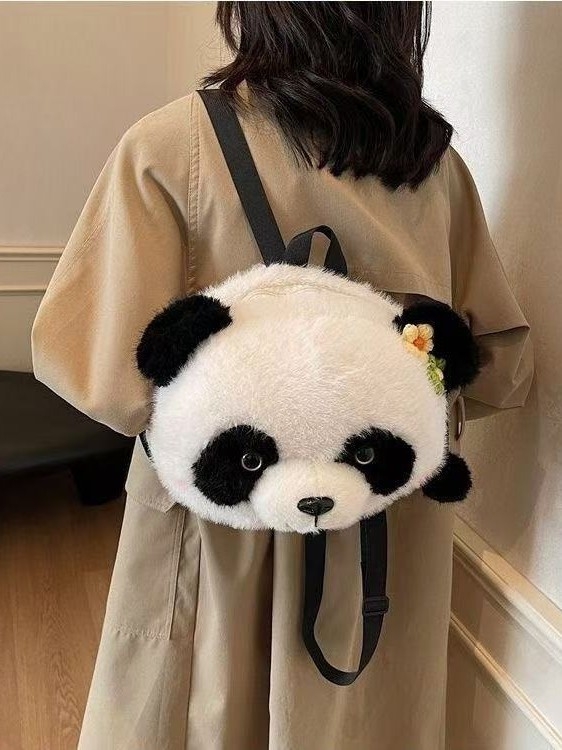 Ruksak s plišanim dizajnom panda, dječji crtani stil, unisex, kapacitet ispod 20 L, proširivi