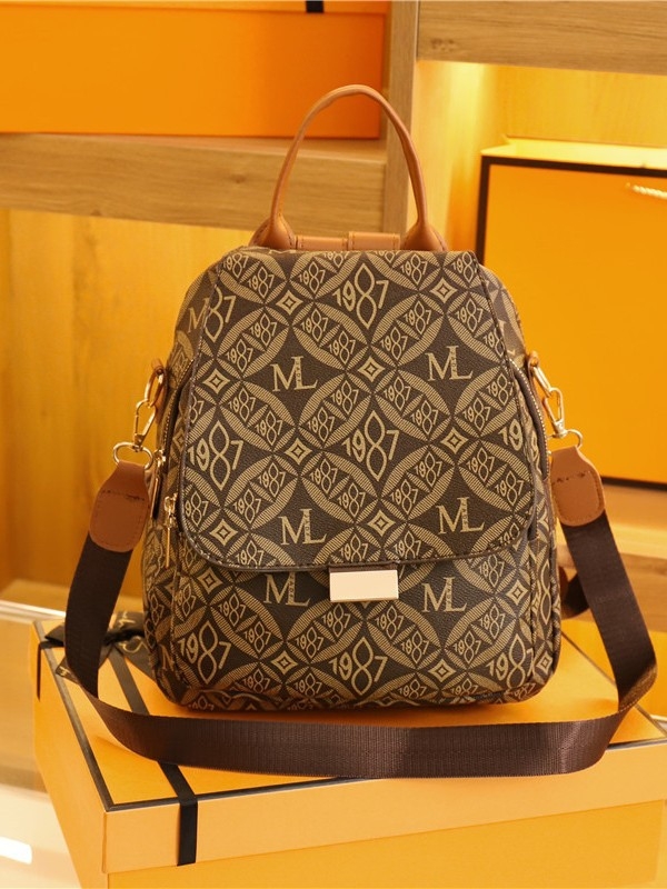 Ženski ruksak s retro printom, Street Trend stil, PU materijal, jesen 2024, veliki kapacitet ruksaka s kapicom, unutarnje pregrade: tajni džep sa zipom, džep za telefon, ID džep
