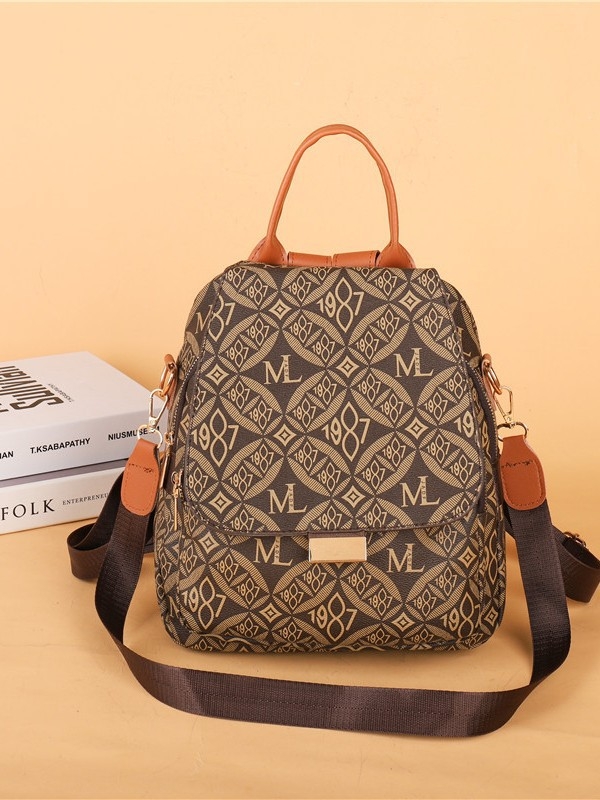 Ženski ruksak s retro printom, Street Trend stil, PU materijal, jesen 2024, veliki kapacitet ruksaka s kapicom, unutarnje pregrade: tajni džep sa zipom, džep za telefon, ID džep