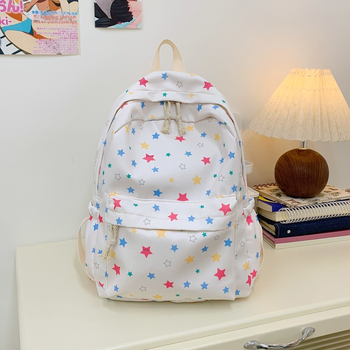 Mergaitėms skirta kuprinė su žvaigždžių spaudu, nailonas, didelė talpa, paminkštinti pečių dirželiai, mokyklos naudojimui