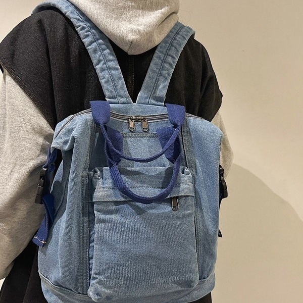 Prani džins ruksak, unisex, kapaciteta 20–35 L, pogodan za 10-inčni prijenosnik, poliester podstava, zakrivljene naramenice