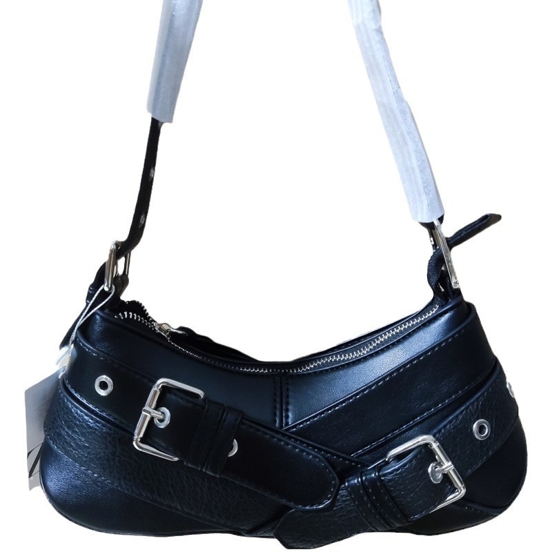 Torba za pazuh s ukrasom pojasa, retro stil, PU koža, vodoravni kvadratni oblik, zatvarač