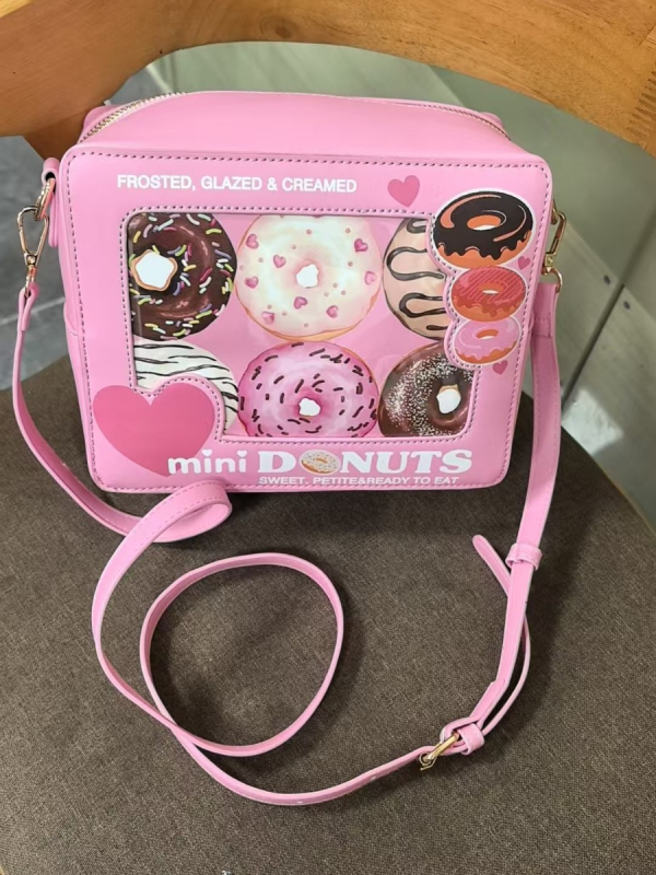 Slatka ružičasta torbica za preko ramena s printom donut, kvadratnog oblika