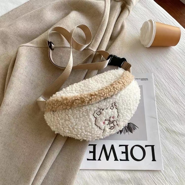 Pliš Crossbody torba – japanski stil crtić, ulični trend, vodoravni kvadratni oblik, zatvarač, poliester podstava