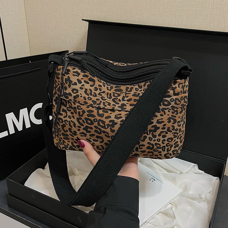 Ženska crossbody torba u korejskom stilu, velika kapaciteta, leopard uzorak, višeslojni dizajn, zatvaranje na zip
