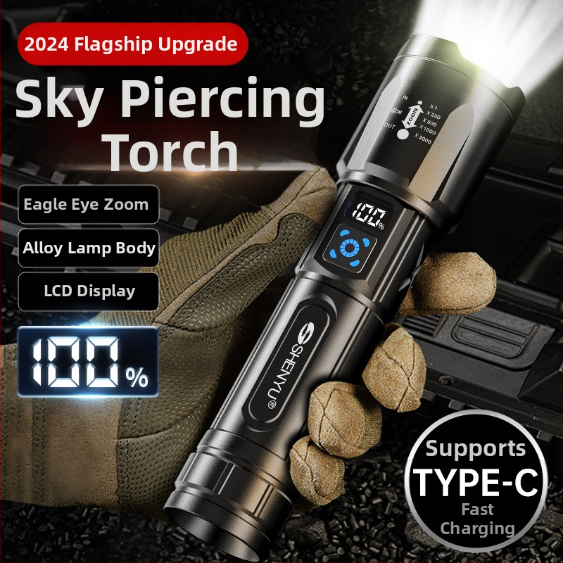 LED фенер с ръчен генератор, 30W, алуминиева сплав, 26650 литиева батерия, презареждаем, обхват до 500 m