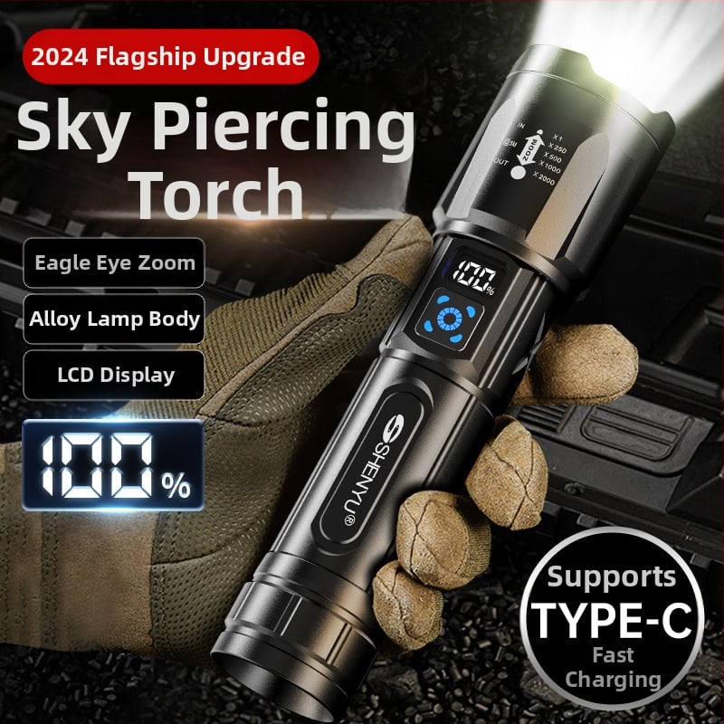 LED фенер с ръчен генератор, 30W, алуминиева сплав, 26650 литиева батерия, презареждаем, обхват до 500 m