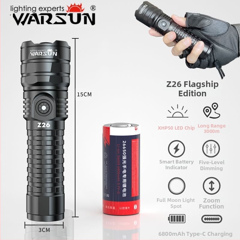 Фенер Z26 Warsun – LED фенер, зум, обхват над 500 м, презареждаем, алуминиева сплав