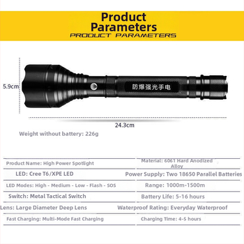 LED фенерче, презареждаем, обхват 100–200 м, корпус от алуминиева сплав, експлозионно устойчив, 10 W