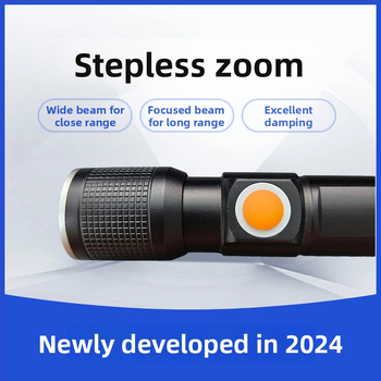 LED аварийно фенерче, USB презареждане, регулируем фокус, дълъг обсег до 500 m, корпус от алуминиева сплав