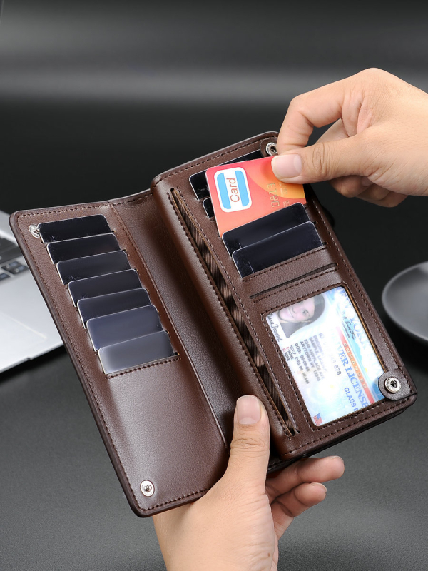 Muški dugački novčanik sa zatvaračem, gradski minimalistički dizajn, PU koža, jednobojni uzorak, više pretinaca za kartice, brend Fengbaodaishu