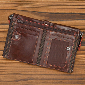 Férfi pénztárca valódi bőrből, RFID védelemmel, kétirányú cipzárral, első réteg tehénbőrből, poliészter bélés