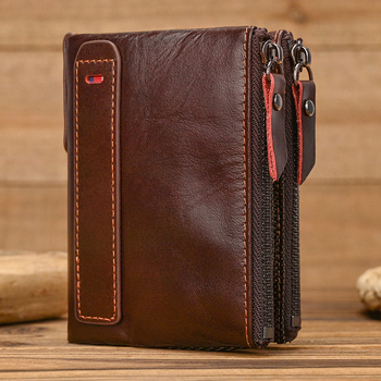 Férfi pénztárca valódi bőrből, RFID védelemmel, kétirányú cipzárral, első réteg tehénbőrből, poliészter bélés